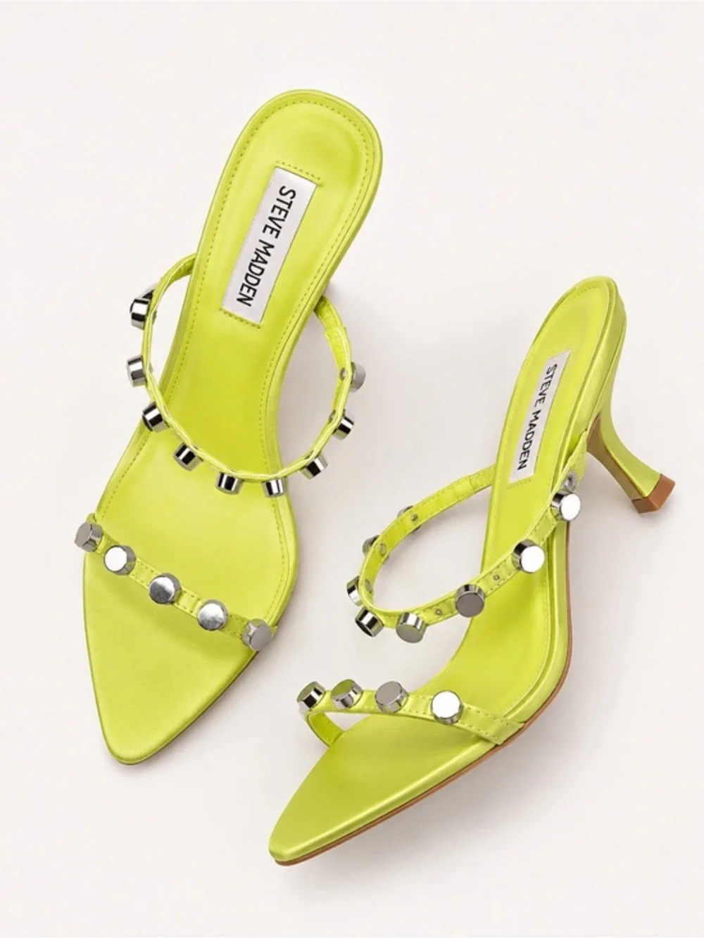 Steve Madden Dorina Satin Studded Heels Citron Neon Lime Green Size 9.5